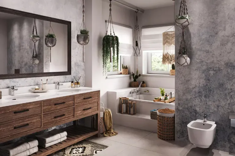 Naturalna łazienka w stylu boho z drewnem, roślinami, wanną i chromowaną armaturą