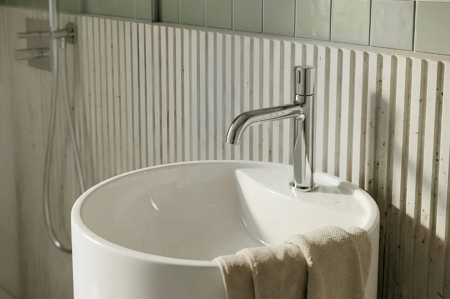 Chromowana bateria umywalkowa MEANDRO FDESIGN przy białej umywalce na tle beżowych ryflowań