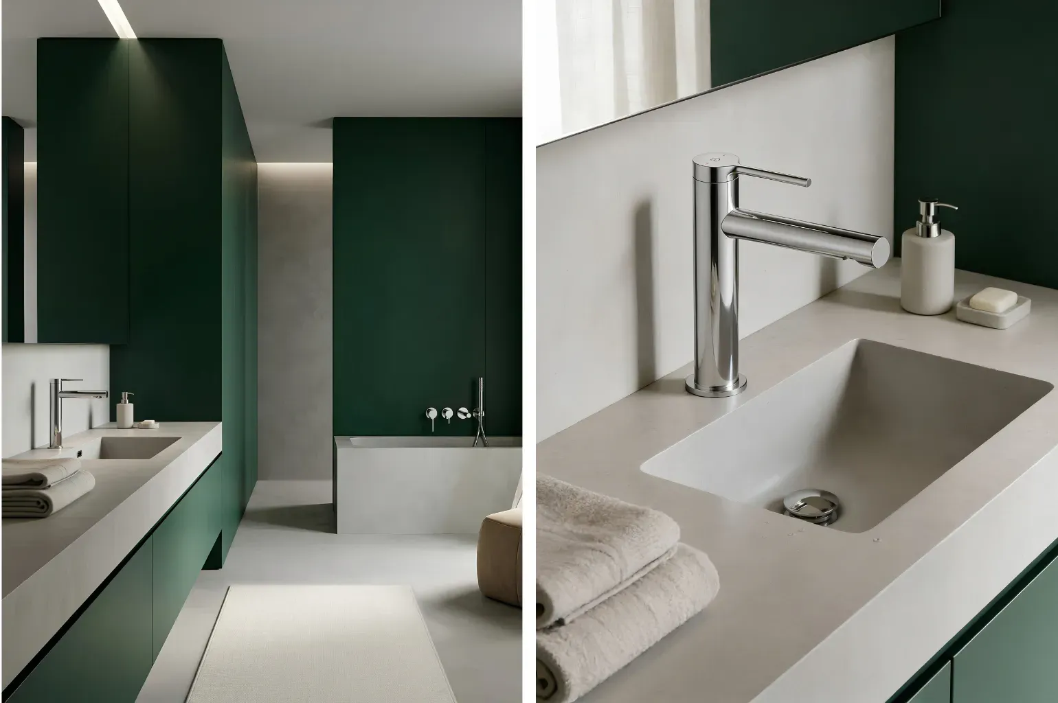 Chromowana bateria umywalkowa COLIBRI FDESIGN w minimalistycznej łazience z ciemnozieloną zabudową