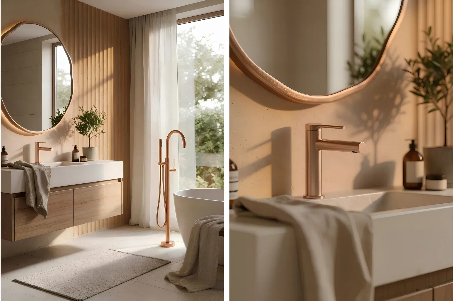 Łazienka modern organic z armaturą COLIBRI FDESIGN w wykończeniu szczotkowanej miedzi