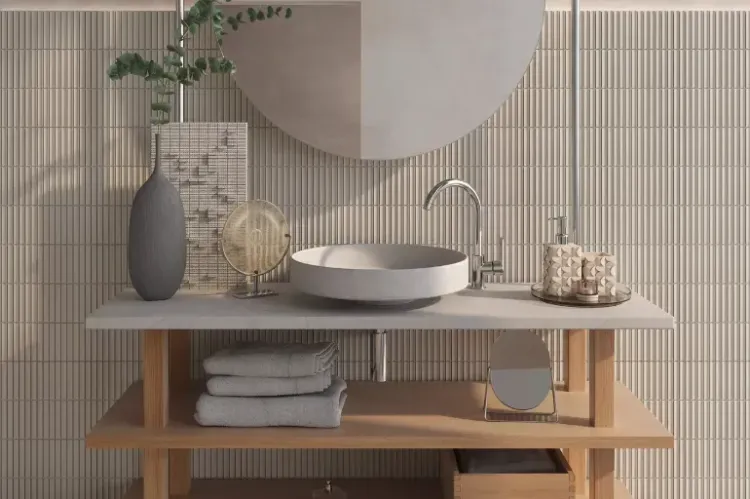 Strefa umywalkowa w łazience zen z naturalnymi dodatkami i armaturą FDESIGN PINEA