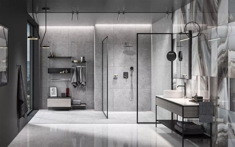 Łazienka w nowoczesnym stylu z chromowaną armaturą FDESIGN Meandro i kabiną walk-in