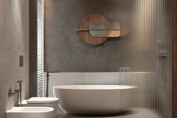 ZAFFIRO GUN METAL - kolekcja FDESIGN w metalicznym wykończeniu, prezentowana w nowoczesnej, oryginalnej łazience w stylu soft industrial.