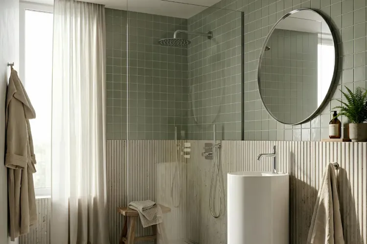 Łazienka w stylu cozycore z szałwiowymi płytkami, beżowymi ryflowaniami i chromowaną armaturą MEANDRO