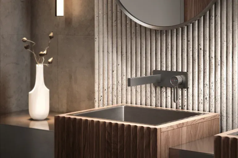 FDESIGN, kolekcja ZAFFIRO  GUN METAL - bateria umywalkowa w metalicznym wykończeniu. Podtynkowy model prezentowany przy wpuszczanej umywalce.