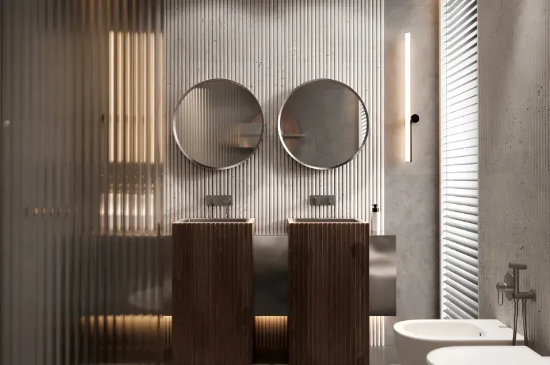 ZAFFIRO GUN METAL - kolekcja FDESIGN w metalicznym wykończeniu, prezentowana w nowoczesnej, oryginalnej łazience w stylu soft industrial.